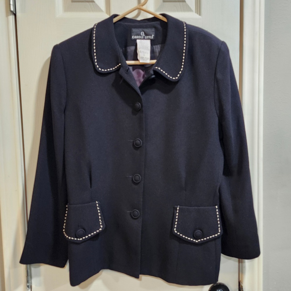 Carole Little Vintage Black Blazer Jacket Stitch Detail Shoulder Pads Size 14